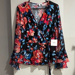 Perseption Concept NWT Floral Wrap Blouse - Black, Red, Blue